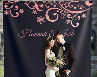 Sfondo di matrimonio per ricevimento / Sfondo di matrimonio in oro rosa e blu scuro / Decorazione di matrimonio reale ed elegante / Sfondo di cabina fotografica