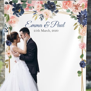Wedding Backdrop for Reception, Navy Blue and Pink wedding Backdrop, Navy Blush Wedding Decor, Bridal Shower Engagement Banner 01WB71