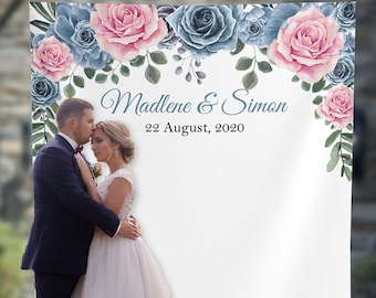 Sfondo di nozze rosa, blu polveroso, decorazione blu e rosa, sfondo floreale, cabina fotografica per addio al nubilato
