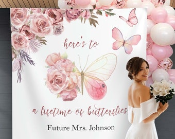 Butterfly Bridal Shower Decor Lifetime of Butterflies Backdrop Floral Blush Butterfly Bridal Brunch Banner, Future Mrs Bride To Be Props