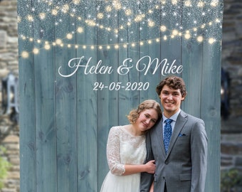 Sfondo per matrimonio blu polvere per ricevimento Banner di luci a cascata Idee per decorazioni blu ardesia Photobooth blu argento Sfondo rustico moderno 01DB4