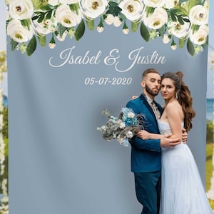 Dusty Blue Wedding Photo Backdrop Floral wedding Decor Slate Blue Wedding Photo booth Engagement Backdrop 01DBW