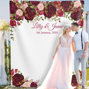 Fall Wedding Photo backdrop Floral Burgundy wedding decor Autumn Wedding Banner Floral Engagement Backdrop Maroon Bridal Backdrop 01WB15