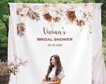 Boho Bridal Shower Backdrop Modern Floral Terracotta Engagement Banner Bohemian Theme Shower Decor Custom Wedding Photobooth