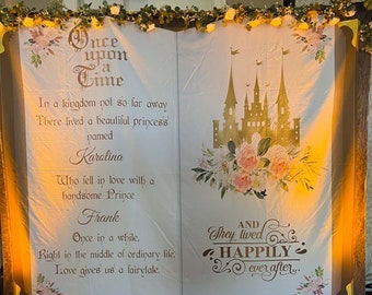Decoración de despedida de soltera de princesa, telón de fondo de boda de cuento de hadas, pancarta de compromiso "Felices para siempre", "Érase una vez el amor nos da un cuento de hadas"