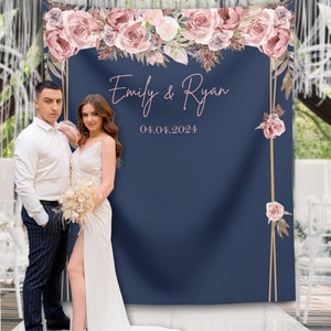 Navy RoseGold Floral Wedding Backdrop Dusty Rose Wedding Decor Rose Gold Banner Blush Floral Engagement Party Banner Bachelorette Decoration