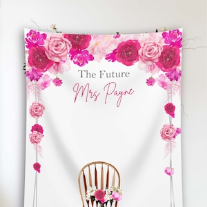 Bridal Shower Backdrop Hot Pink Roses Banner Bright Pink Future Mrs Decor Pink Floral Miss Mrs PhotoBooth Pretty Pink Custom Arch Decor