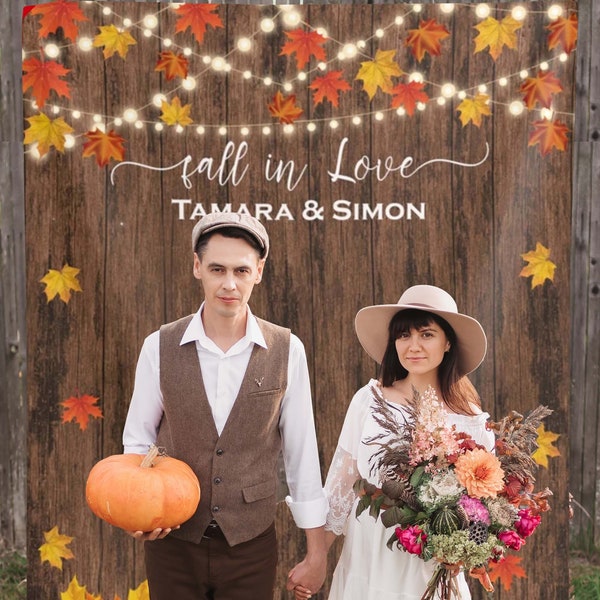 Rustic Fall Wedding Reception Backdrop Autumn Wedding Decor Fall In Love Wedding Sign Pumpkin Autumn leaves Photobooth Custom Tapestry