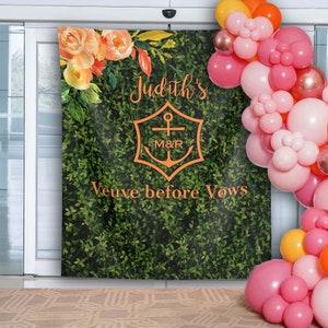 Veuve before Vows Bachelorette Backdrop Artificial Grass Wall Greenery Champagne Pink Orange Banner Hedge Bridal Shower Rendez Veuve Decor