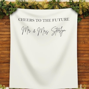 Puede incluir: Telón de fondo blanco con texto negro que dice "Cheers to the Future Mr. & Mrs. Sterlyn".