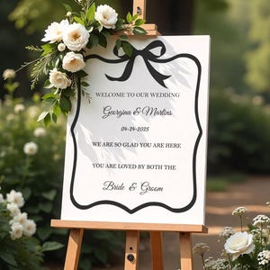 Letrero de bienvenida para boda impreso, cartón pluma personalizado con lazo de coqueta para compromiso, póster "Me alegro de que estés aquí", decoración para recepción de boda