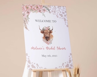 Bridal Shower Welcome Sign Printed Highland Cow Boho Pampas Grass Bachelorette Party Foamboard Cow Print Future Mrs Poster Paper Entrance