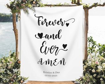 Forever and Ever Amén Telón de fondo de boda Decoración de boda cristiana Aniversario de boda Banner Iglesia personalizada Cabina de fotos de boda Versículo de la Biblia Signo