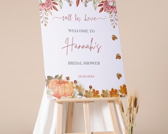 Bridal Shower Sign Fall in Love Welcome Sign Pumpkin Foamboard Printed Fall Engagement Decor Personalized Floral Autumn Wedding Poster