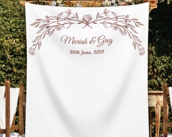 Toile de fond de mariage en terre cuite beige bohème, photomaton de mariage minimaliste, décoration de mariage moderne terreuse rustique, toile de fond de feuilles dessinée à la main sur mesure