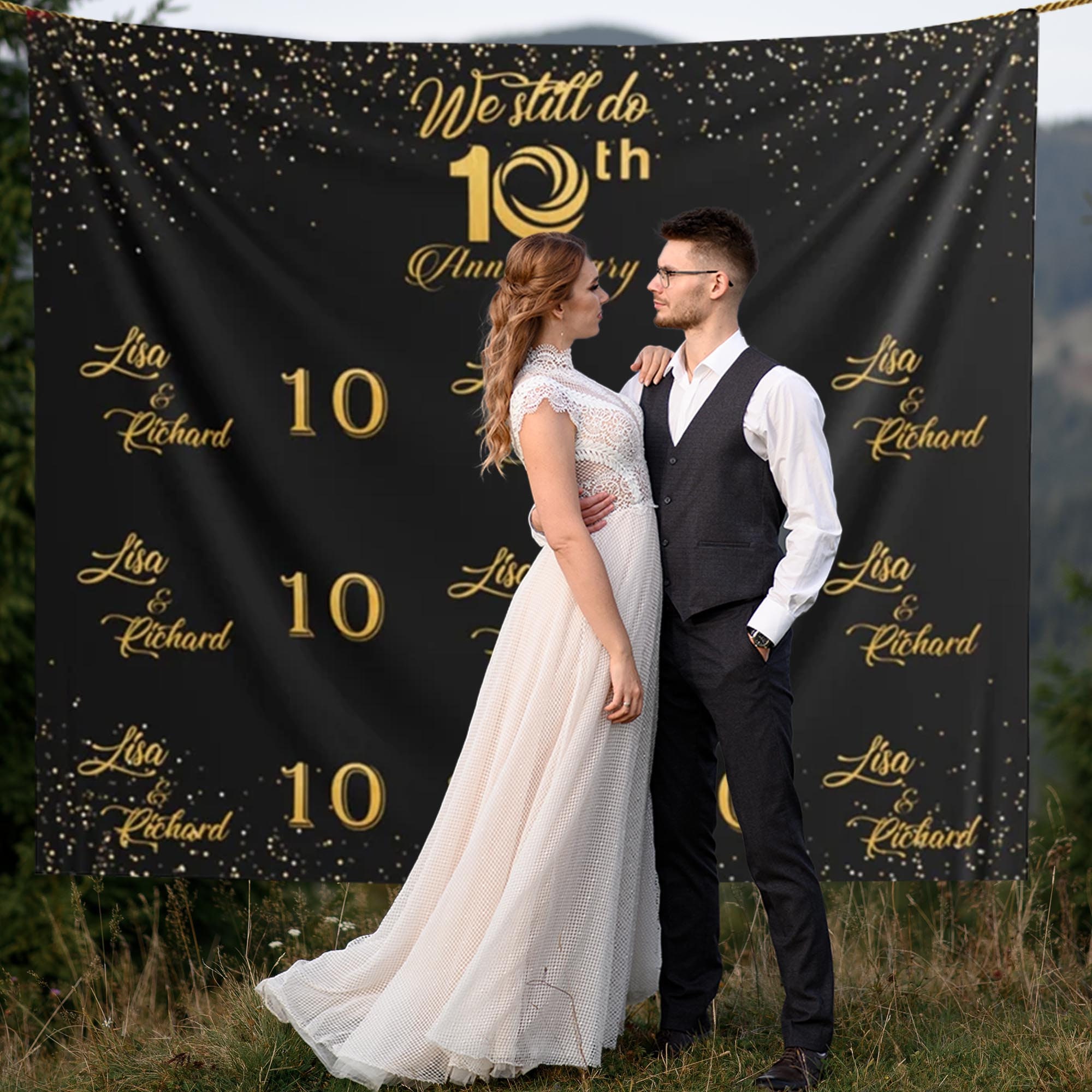 ZJRBJB 8x6ft Happy Anniversary Backdrop Navy Silver Glitter Diamond Background For