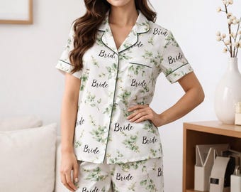 Greenery Wedding Satin Pajamas Set Personalized Bride Bridesmaid Pajamas Set Eucalyptus Bridesmaid Pajamas Maid of Honor Flower Girl Gift