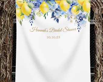 Blue Lemon Bridal Shower Backdrop Blue Floral Citrus Banner Bachelorette Party Decoration Custom Backdrop Wedding Baby Shower Decoration