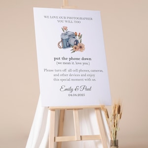 Letrero de boda "Baja el teléfono", elegante cartón pluma para ceremonia de boda desenchufada, "Amamos a nuestro fotógrafo", decoración de póster de entrada