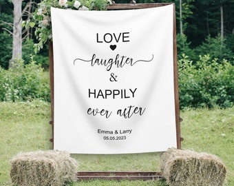 Toile de fond de mariage pour réception, décoration de mariage dans l'arrière-cour, rires d'amour pour toujours, toile de fond personnalisée pour photomaton, bannière de citation de mariage