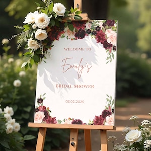 Letrero de bienvenida para despedida de soltera con estampado de color burdeos, póster de bienvenida para despedida de soltera con flores ruborizadas, tablero de espuma para despedida de soltera, decoración personalizada para fiesta de compromiso