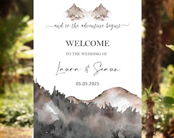 Adventure Begins Welcome Sign Mountain Wedding Reception Foamboard Boho Wedding Poster Elopement Wedding Travel Destination Theme