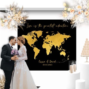 Hochzeitshintergrund für den Empfang, Weltkarte Benutzerdefinierter Hintergrund, Reisehochzeit, personalisierter Hochzeitsteppich, Liebe ist das größte Abenteuer