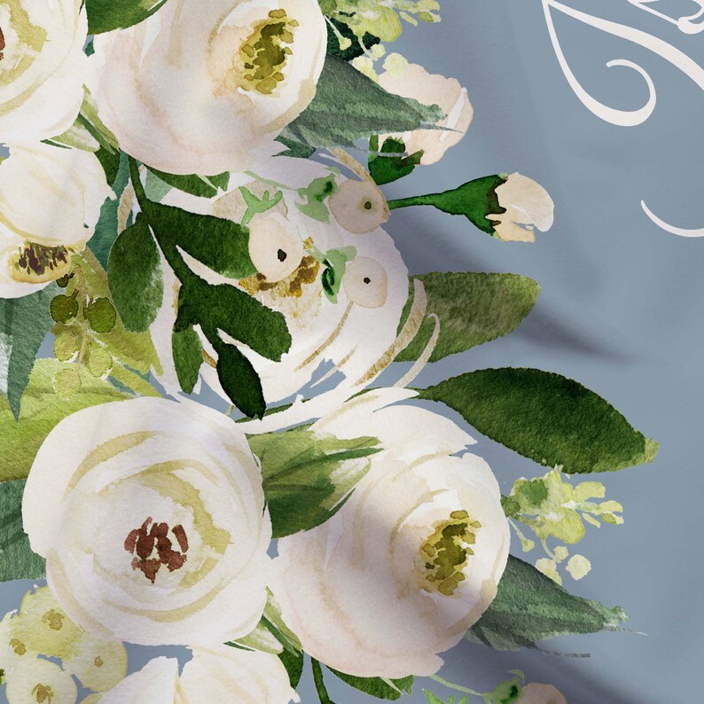 May include: A watercolor floral design featuring white roses and green leaves on a light blue background.
