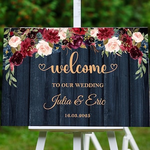 Letrero de boda impreso en azul marino y burdeos, póster rústico de compromiso, letrero de bienvenida en azul marino y burdeos, tablero de espuma floral, letrero de bienvenida en color burdeos ruborizado