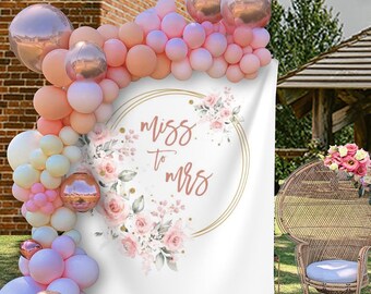 Senhorita para Sra. Cenário de chá de panela Decorações florais para chá de panela Banner de despedida de solteira Cenário de foto personalizado Futura Sra. Placa de tapeçaria