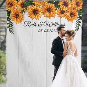 Rustic Sunflower Wedding Backdrop Fall Wedding Decor Floral Wedding Engagement Banner Barn Wood Decor Custom  Photo Booth Backdrop Bridal