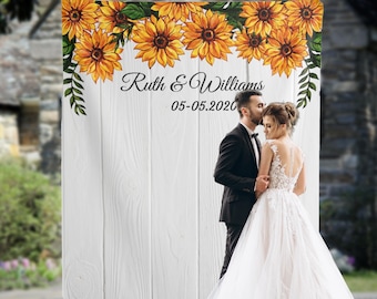 Rustic Sunflower Wedding Backdrop Fall Wedding Decor Floral Wedding Engagement Banner Barn Wood Decor Custom  Photo Booth Backdrop Bridal