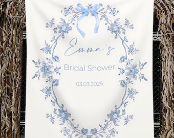 Blå blommig möhippa bakgrund Toile Möhippa banderoll för förlovning bröllopsdekoration anpassad fotoautomat något blått babyshower