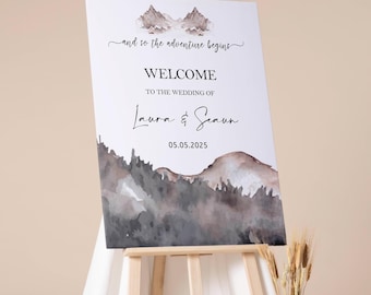 Printed Forest Mountain Welcome Sign Wedding Reception Foamboard Boho Adventure Begins Poster Elopement WeddingTravel Destination Theme