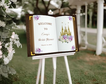 Bridal Shower Sign Fairytale Princess Party Welcome Sign Purple Floral Foamboard Castle Book Wedding Shower Poster Bridal Brunch Future Mrs