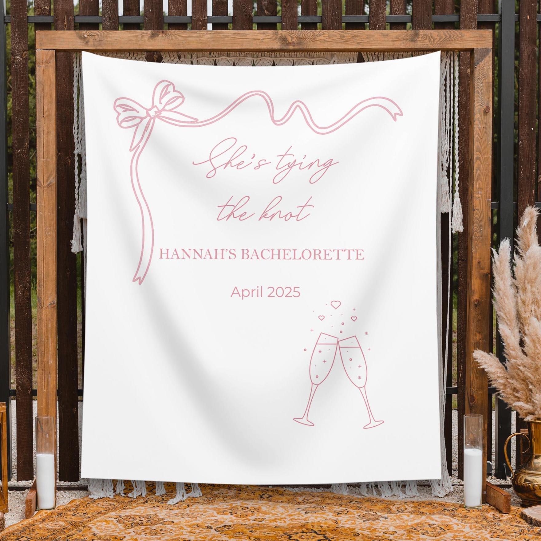 Bachelorette Party Decor She's Tying The Knot Custom Banner Pink Coquette Bow Bridal Shower Backdrop Engagement Photobooth Miss Mrs Decor