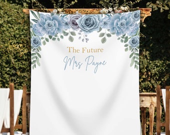 Telón de fondo de la señora futura, pancarta de despedida de soltera azul polvoriento, decoración de fiesta de despedida de soltera azul polvoriento, cabina de fotos de compromiso, telón de fondo de boda