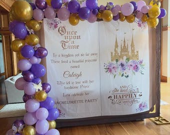 Bachelorette Party Backdrop, Purple Floral Princess Book Banner, Bridal Shower Decor, Once Upon a time Decor