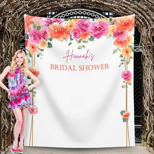 Toile de fond rose orange pour la douche nuptiale, bannière d&#39;enterrement de vie de jeune fille florale rose vif, décoration de fiançailles Blush vif, fuchsia magenta jaune été