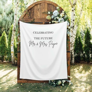 Engagement Party Backdrop, Script Wedding Backdrop, Celebrating Mr Mrs Sign Banner, Simple Wedding Shower Decor, Custom Rehearsal Dinner