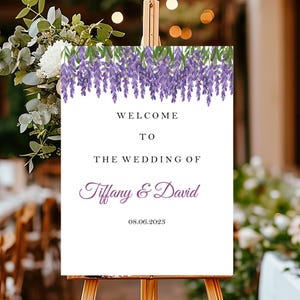 Letrero de boda con estampado de lavanda, cartel de bienvenida con flores moradas y verdes, tablero de espuma para boda, decoración de boda de color lila, letrero personalizado para despedida de soltera
