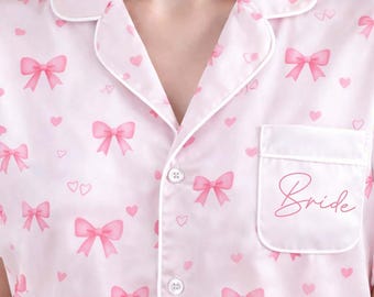 Pink Bow Satin Pajamas Set, Custom Short Pyjamas Set, Matching Pajamas, Bridesmaid Pajamas, Bridesmaid Proposal Gifts, Gift for Her