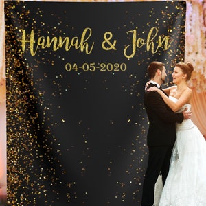 Black Gold Wedding Reception Backdrop Elegant Engagement Banner Luxury Wedding Decor Modern Wedding Photobooth 01DS19