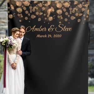 Black Gold Wedding Backdrop for Reception, Bokeh Lights Engagement Party Banner, Wedding Fairy Lights Decor, Photo booth Backdrop