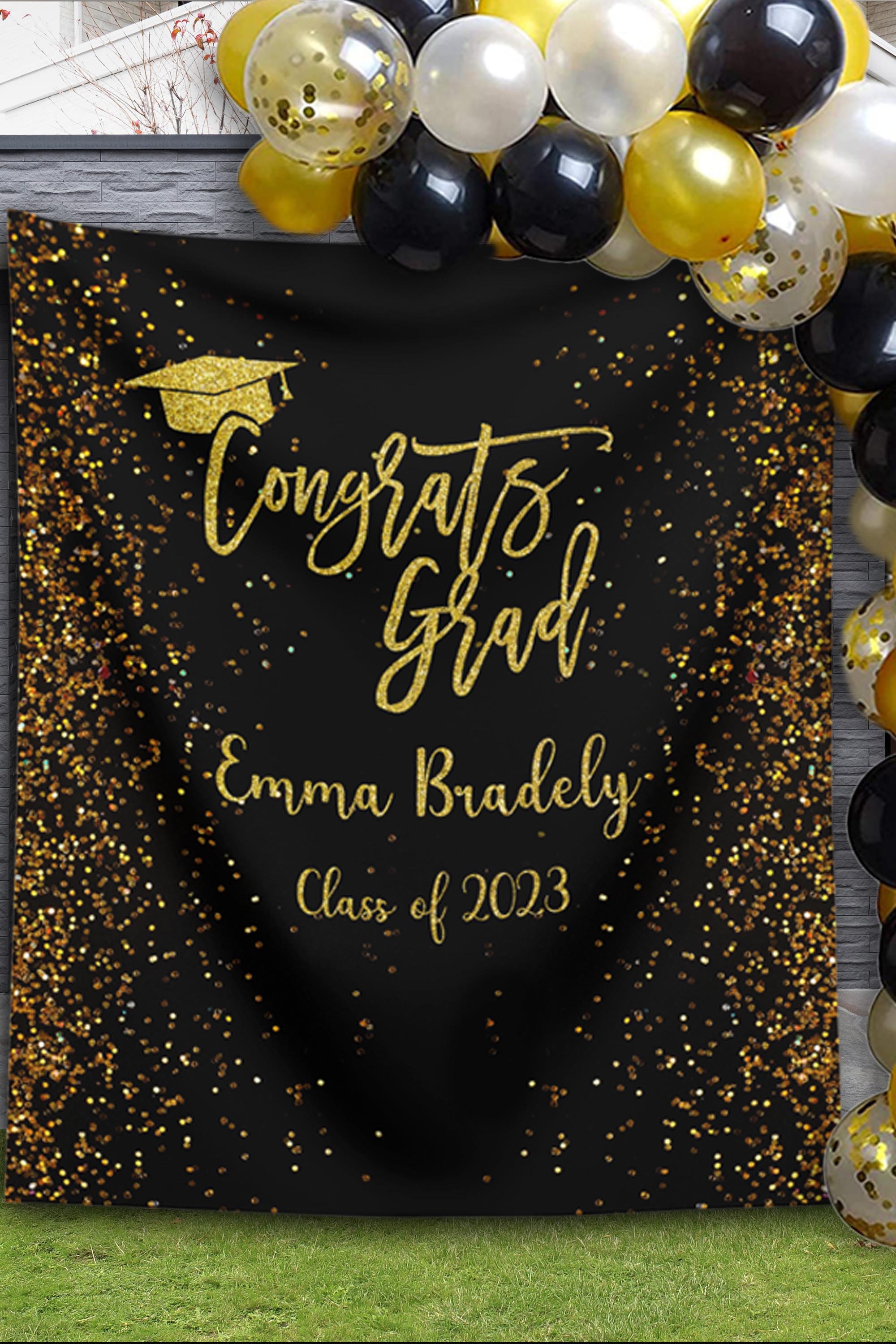Gold Glitter Graduation Theme Black Arch Backdrop Kit