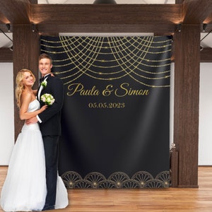 20s Themed Wedding Photo Backdrop Black Gold Wedding Decoration Engagement Photo Booth Wedding Shower Banner Bachelorette Party Decoration