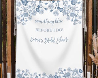 Fondo de ducha nupcial con decoración Something Blue, pancarta floral estilo chinoiserie azul, decoración vintage para fiesta, decoración para bodas, fotomatón para baby shower