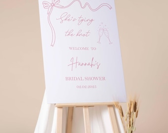 She&#39;s Tying The Knot Printed Bridal Shower Sign Custom Coquette Bow Engagement Foamboard Bachelorette Party Future Mrs Decor Wedding Poster