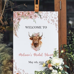 Letrero de bienvenida para despedida de soltera con diseño de vaca de las Tierras Altas, estilo bohemio, con hierba de las pampas, para despedida de soltera, cartón pluma, estampado de vaca, póster para futura señora, papel de entrada