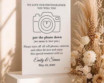 Printed No Phone Wedding Sign, Unplugged Ceremony Decor, Modern Minimalist Wedding Welcome Sign